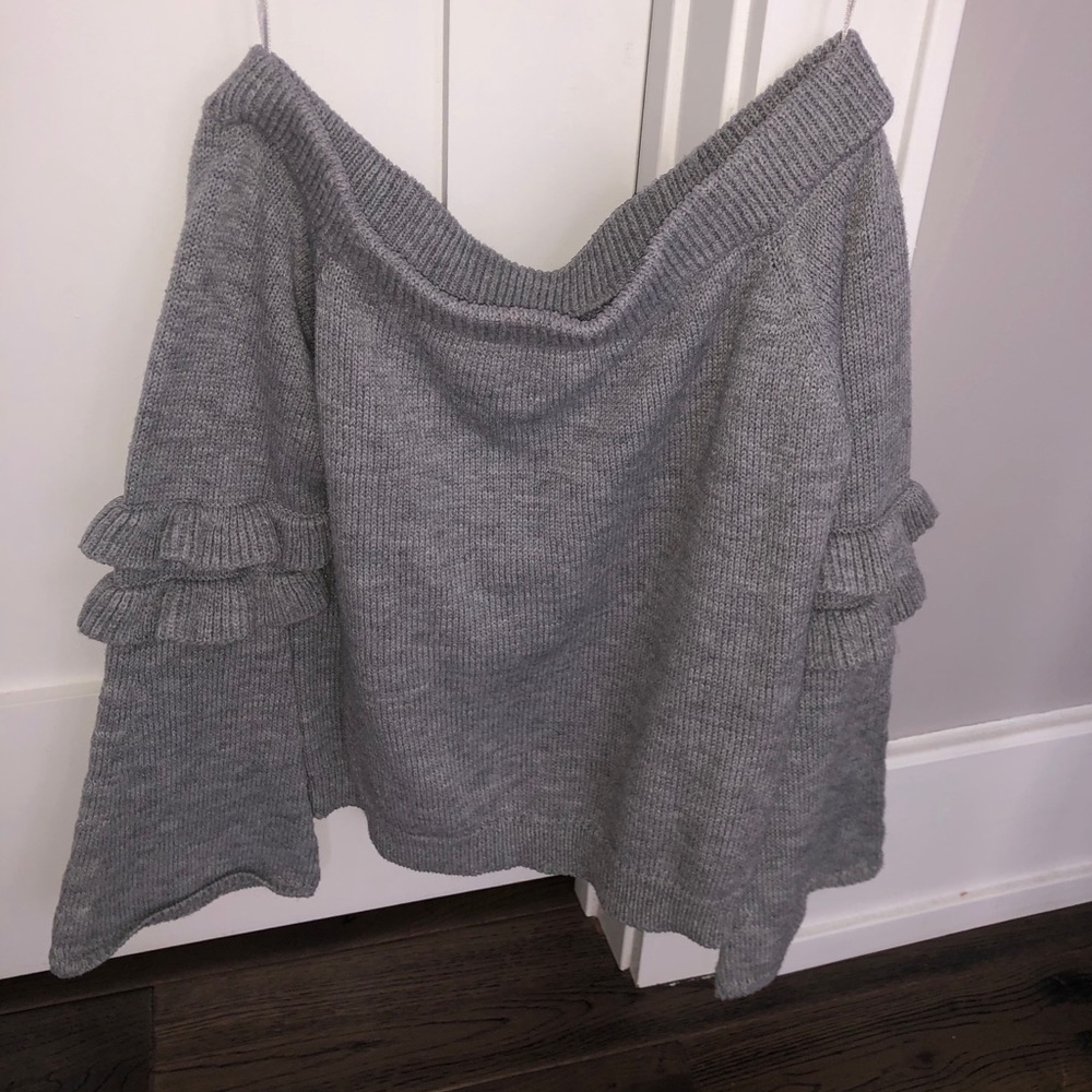Gray off-shoulder ruffle sweater